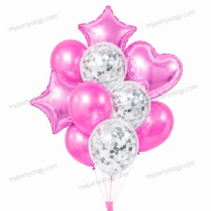 Pink Heart, Stars & Silver Confetti Latex Balloon Set (Pack of 10)