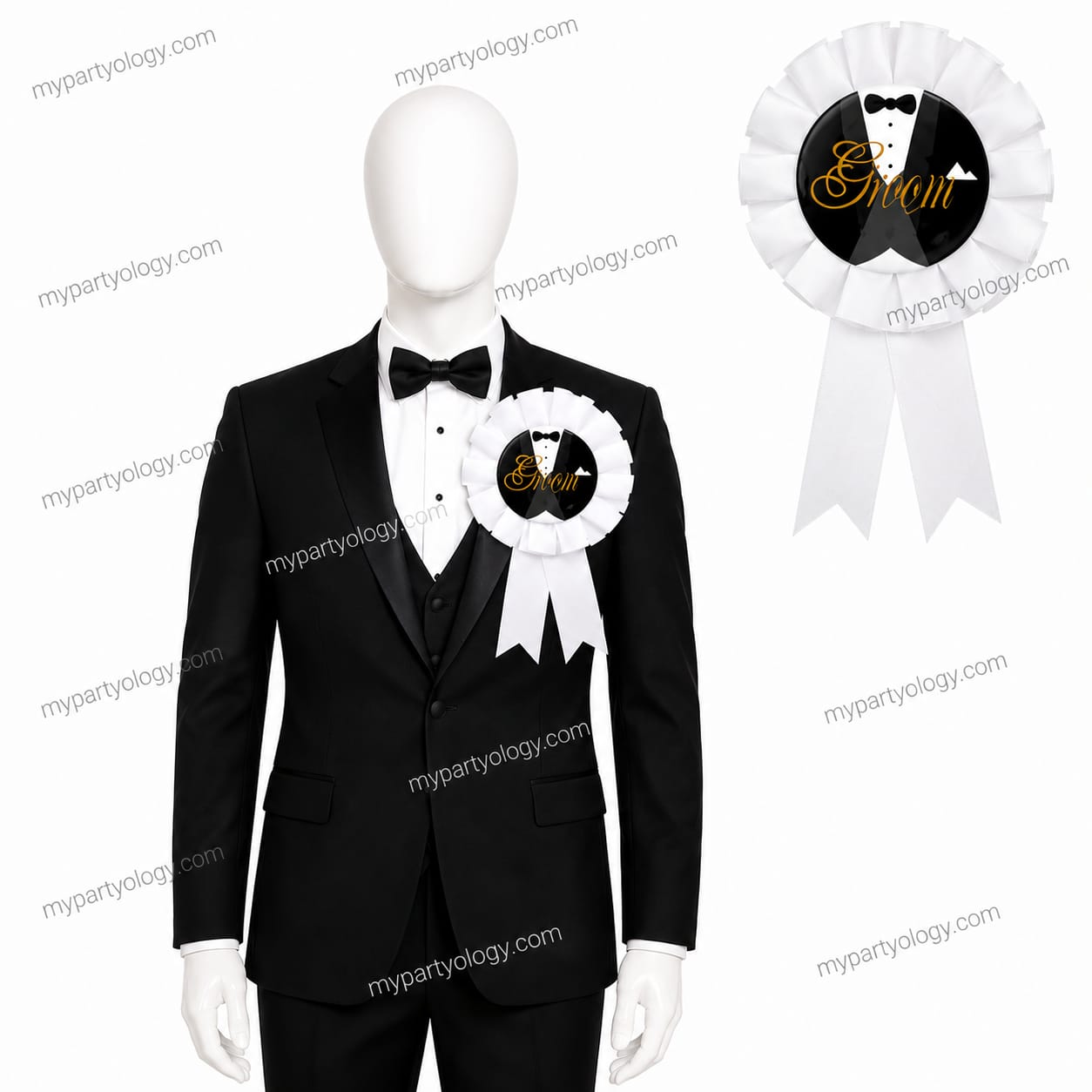 Groom White Ribbon Rosette Badge