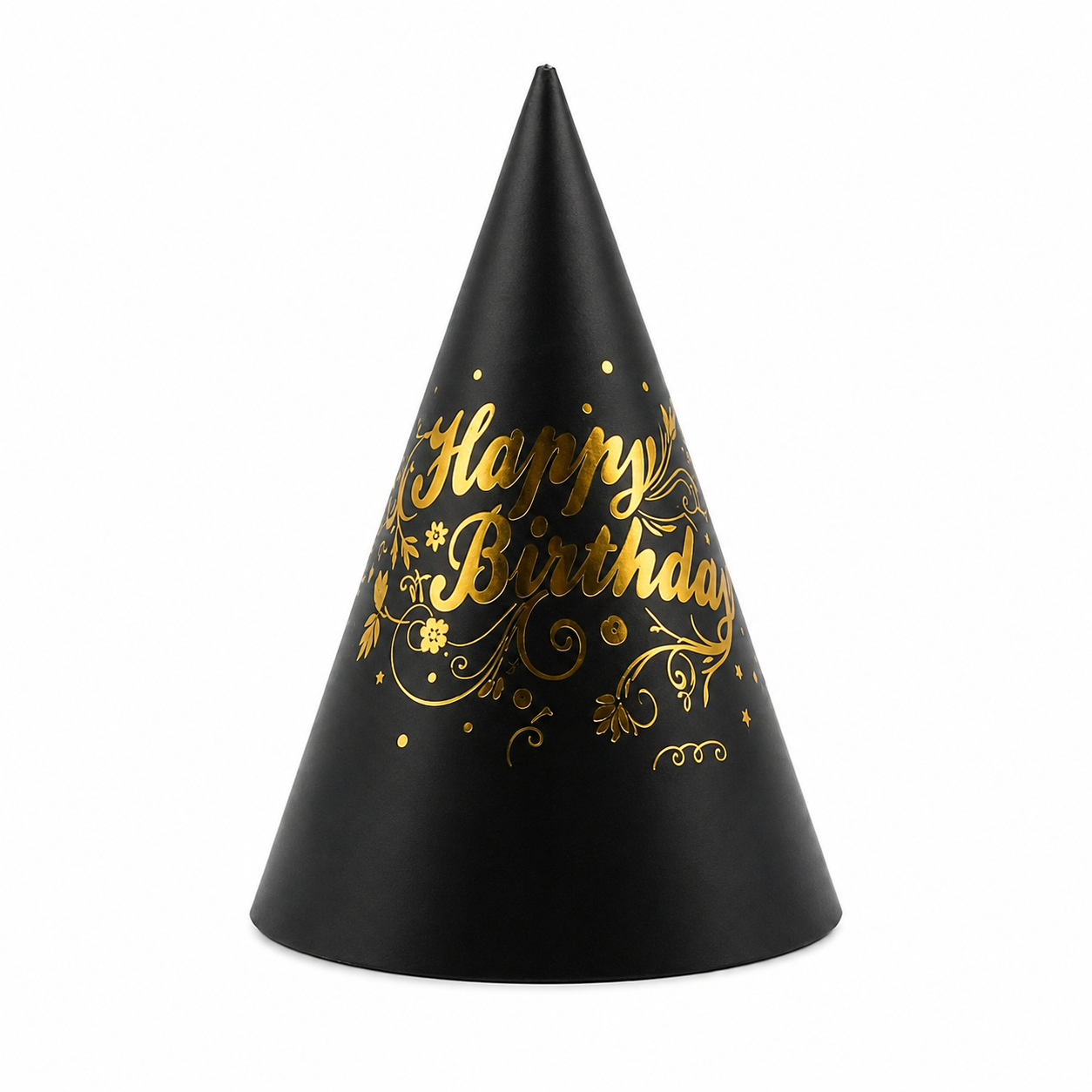 Black & Gold Happy Birthday Cone Hats (Pack of 8)