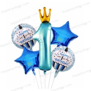 1st Birthday Blue Crown Foil Balloon Set (Pack of 5)