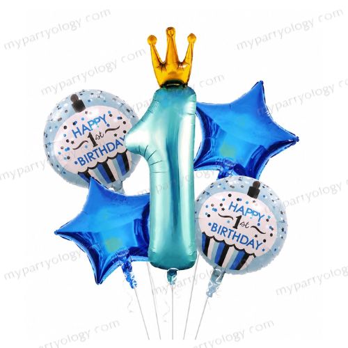 1st Birthday Blue Crown Foil Balloon Set (Pack of 5)