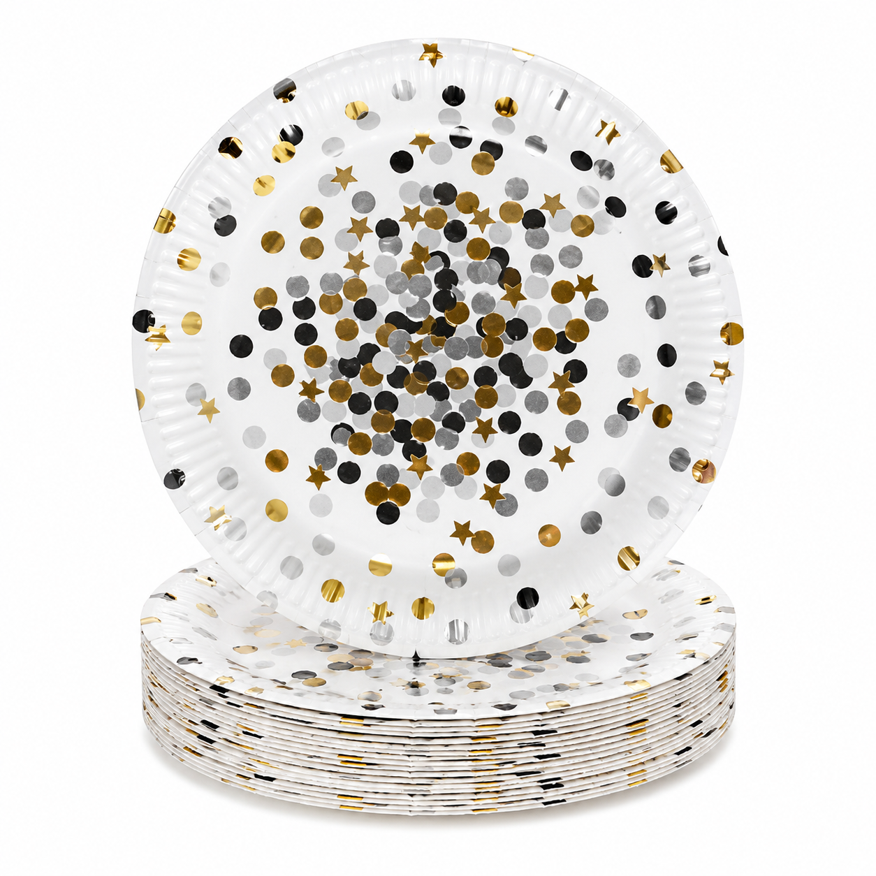 Black Polka Dots With Gold Star Paper Plate Set (Pack of 10)