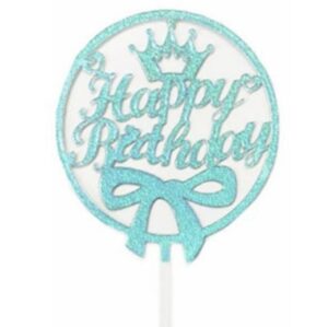Happy Birthday Bow & Crown Blue Cake Topper