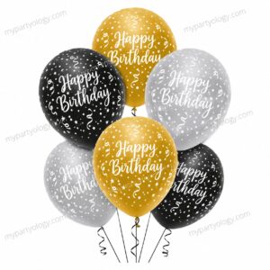 Happy Birthday Gold, Black & Silver Latex Balloon Set (Pack of 6)