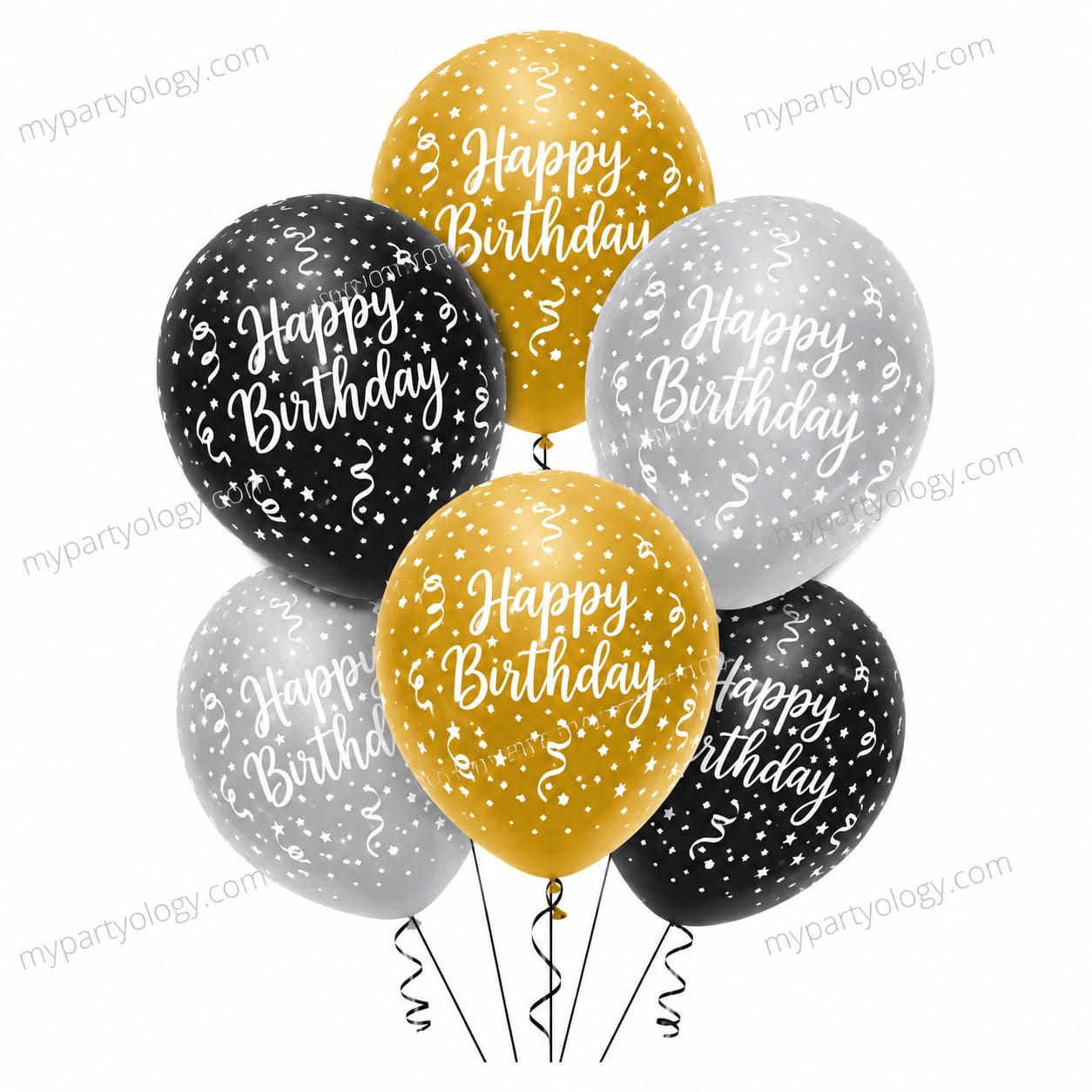 Happy Birthday Gold, Black & Silver Latex Balloon Set (Pack of 6)
