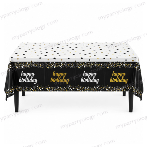 Happy Birthday Gold & White Polkadot Plastic Tablecloth (54"x72'')