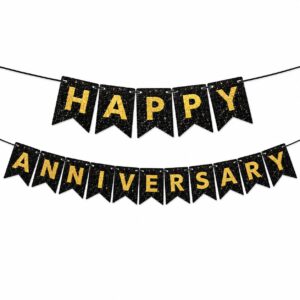 Happy Anniversary Black Glitter Banner