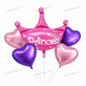 Happy Birthday Pink Crown and Hearts Foil Balloon Set (Pack of 5)