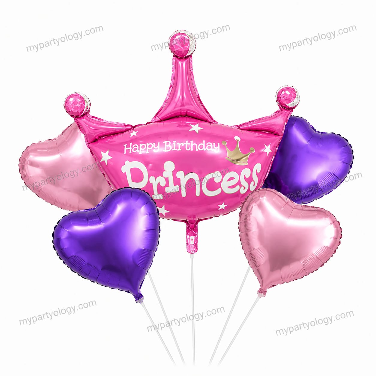 Happy Birthday Pink Crown and Hearts Foil Balloon Set (Pack of 5)