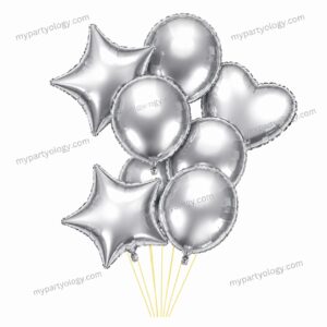 Silver Heart & Stars & Silver Metallic Balloon Set (Pack of 8)