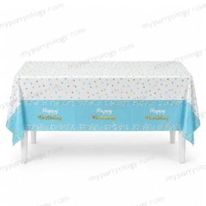 Happy Birthday Blue With Gold Polkadot Plastic Tablecloth (54''x72'')