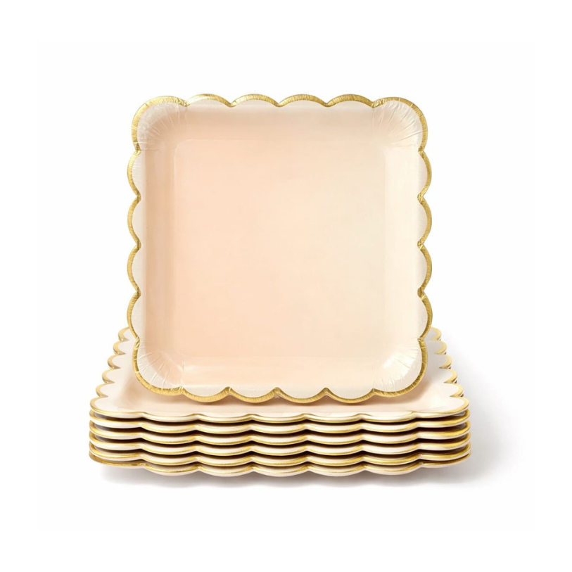 Peach Square With Gold Scallop Paper Plates (Pack of 10)