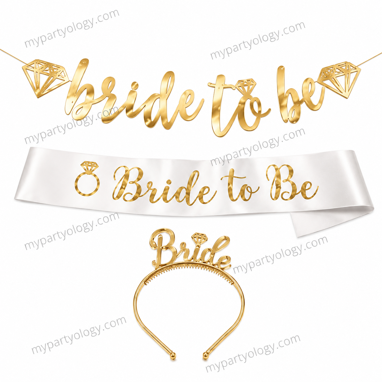 Bride To Be Gold Sash/Tiara/Banner Set (Pack of 3)