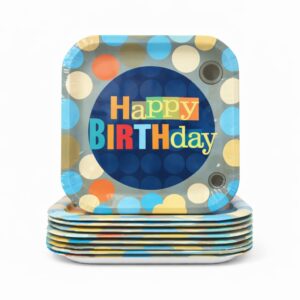 Polka Dot Happy Birthday 7inch Square Plates (Pack of 10)