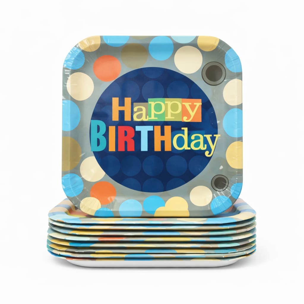 Polka Dot Happy Birthday 7inch Square Plates (Pack of 10)