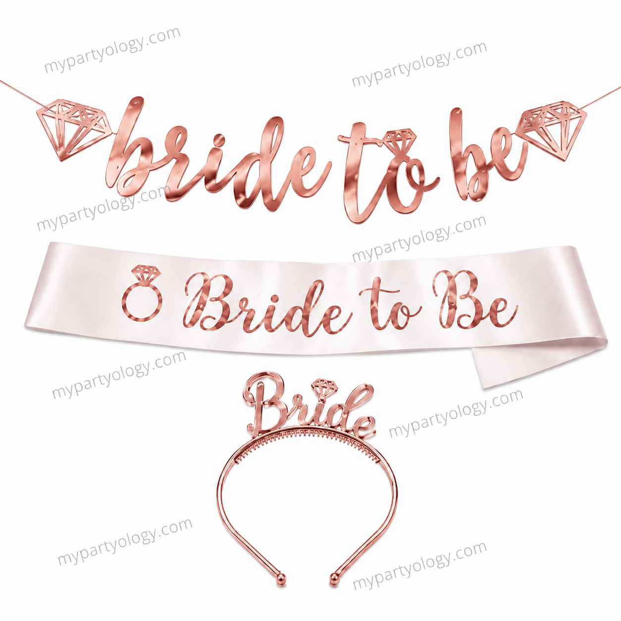Bride To Be Rose Gold Sash/Tiara/Banner Set (Pack of 3)