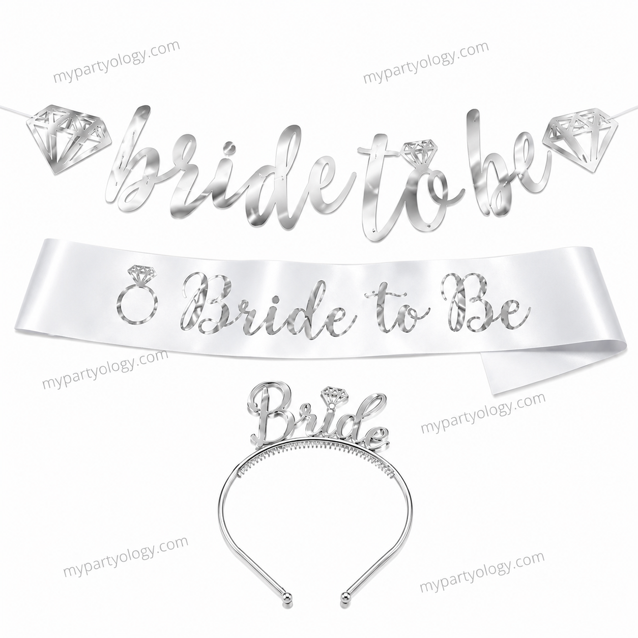 Bride To Be Silver Sash/Tiara/Banner Set (Pack of 3)