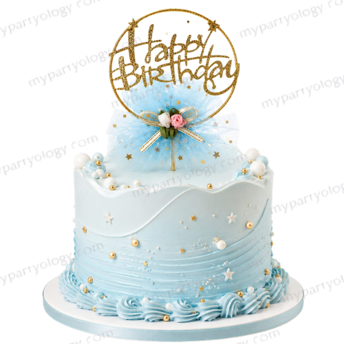 Happy Birthday Blue Lace Round Cake Topper
