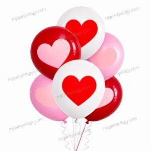 Pink, Red & White Printed Heart Latex Balloons (Pack of 6)