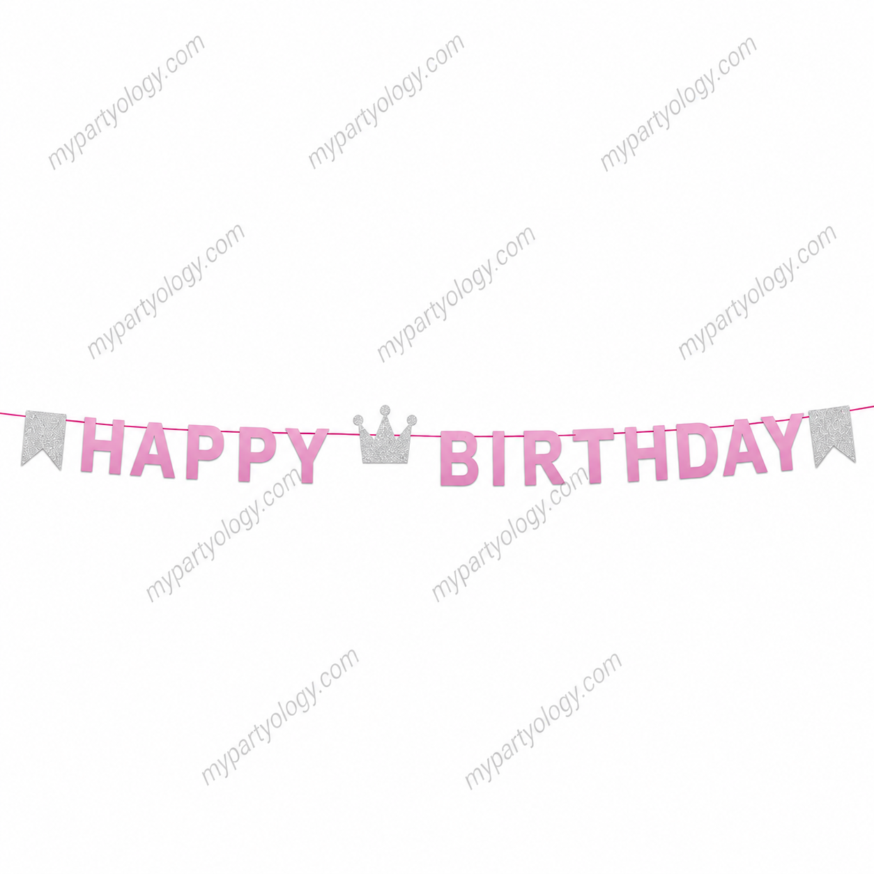 Happy Birthday Pink Silver Crown Paper Banner