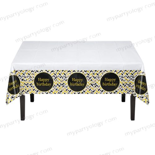 Happy Birthday Black, Gold & Silver Zigzag Table Cover