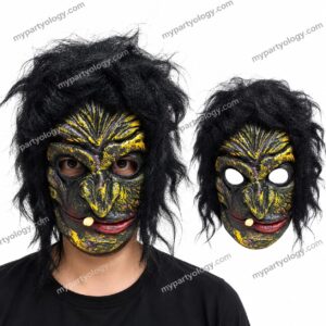 Creepy Yellow & Black Witch Rubber Mask With Hair