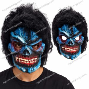 Blue Hellfire Skull Rubber Mask With Hair