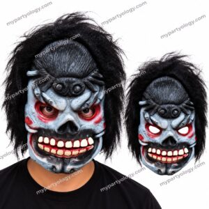 Evil Grinning Demon Rubber Mask With Hair