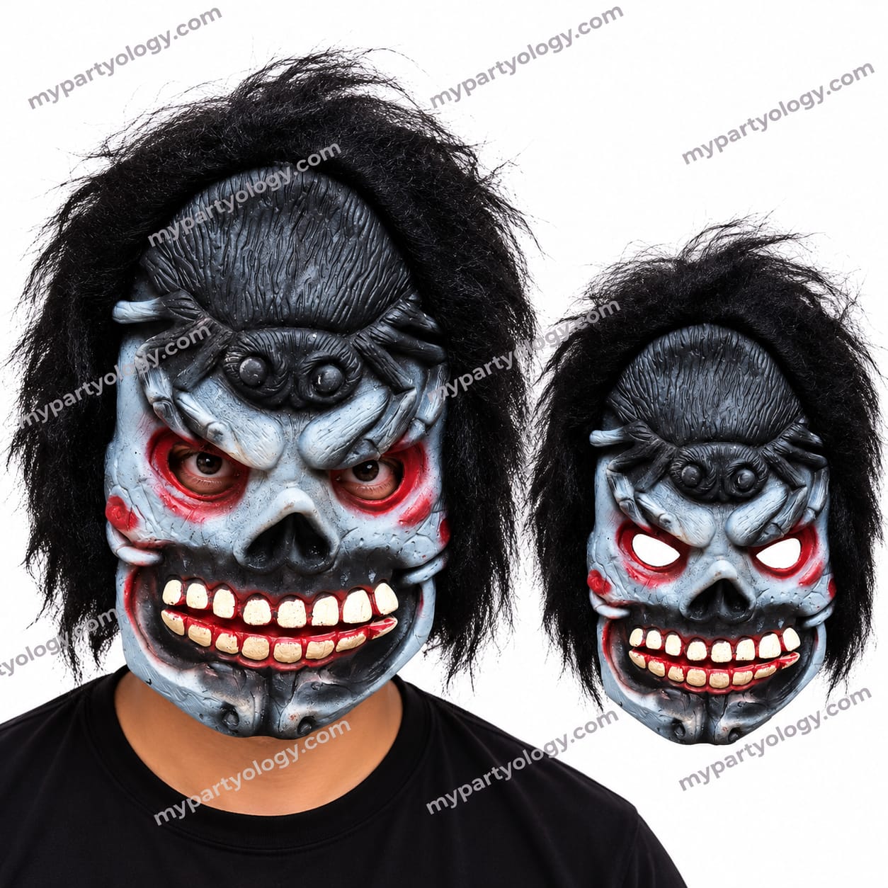 Evil Grinning Demon Rubber Mask With Hair