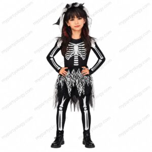 Sassy Skeleton Jumpsuit Costume with Tutu and Floral Headband with White Veil