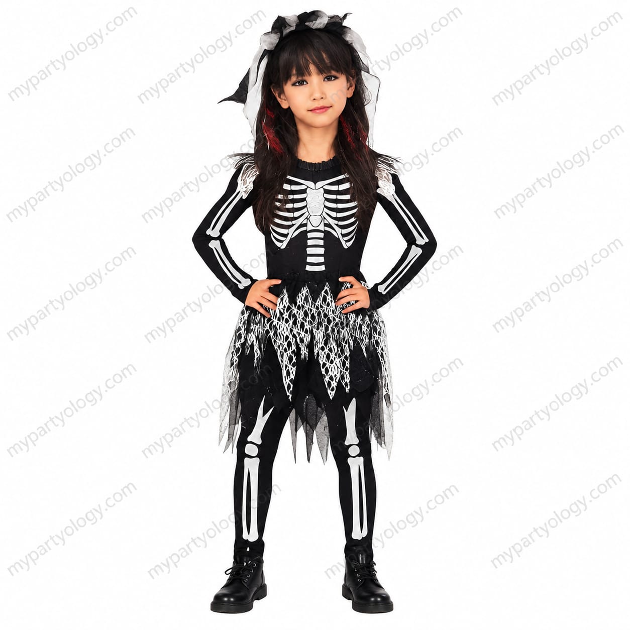 Sassy Skeleton Jumpsuit Costume with Tutu and Floral Headband with White Veil