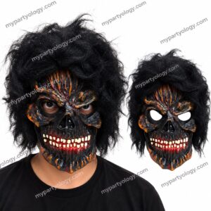 Scary Black & Orange Horror Rubber Mask With Hair