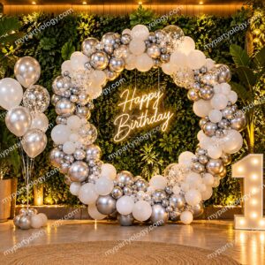 Silver & White Bliss Balloon Ring & Bouquet Decoration