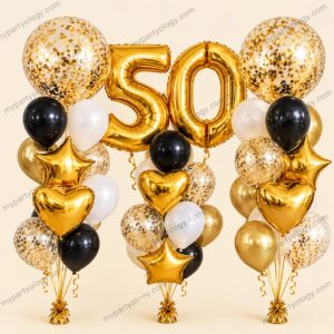 Black, Gold & White / Numbers Royalty Latex, Orbz & Foil Balloon Bouquet (Pack of 52 - 03 Balloon Bouquets)