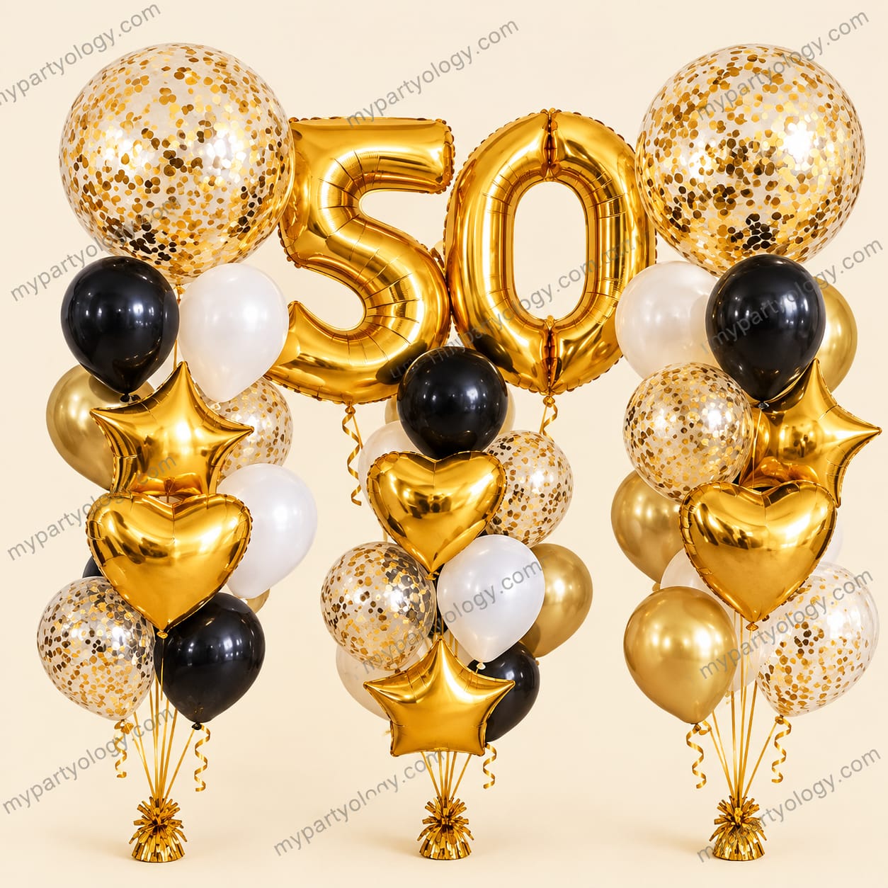 Black, Gold & White / Numbers Royalty Latex, Orbz & Foil Balloon Bouquet (Pack of 52 - 03 Balloon Bouquets)